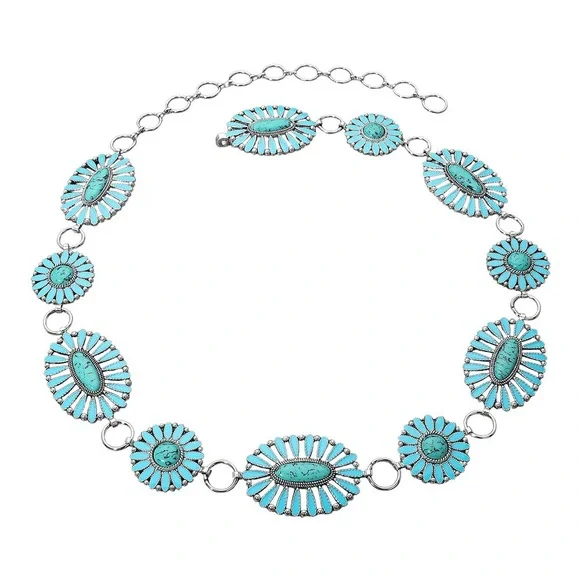 Silver Boho Vintage Western Turquoise Stone Concho Statement Belt